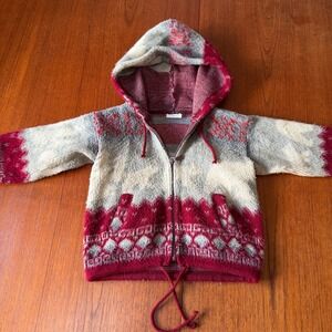 Artesanias Tuntaquimba Wool Llama Hoodie Kids Red Grey Zip Up Sweater Ecuador 2